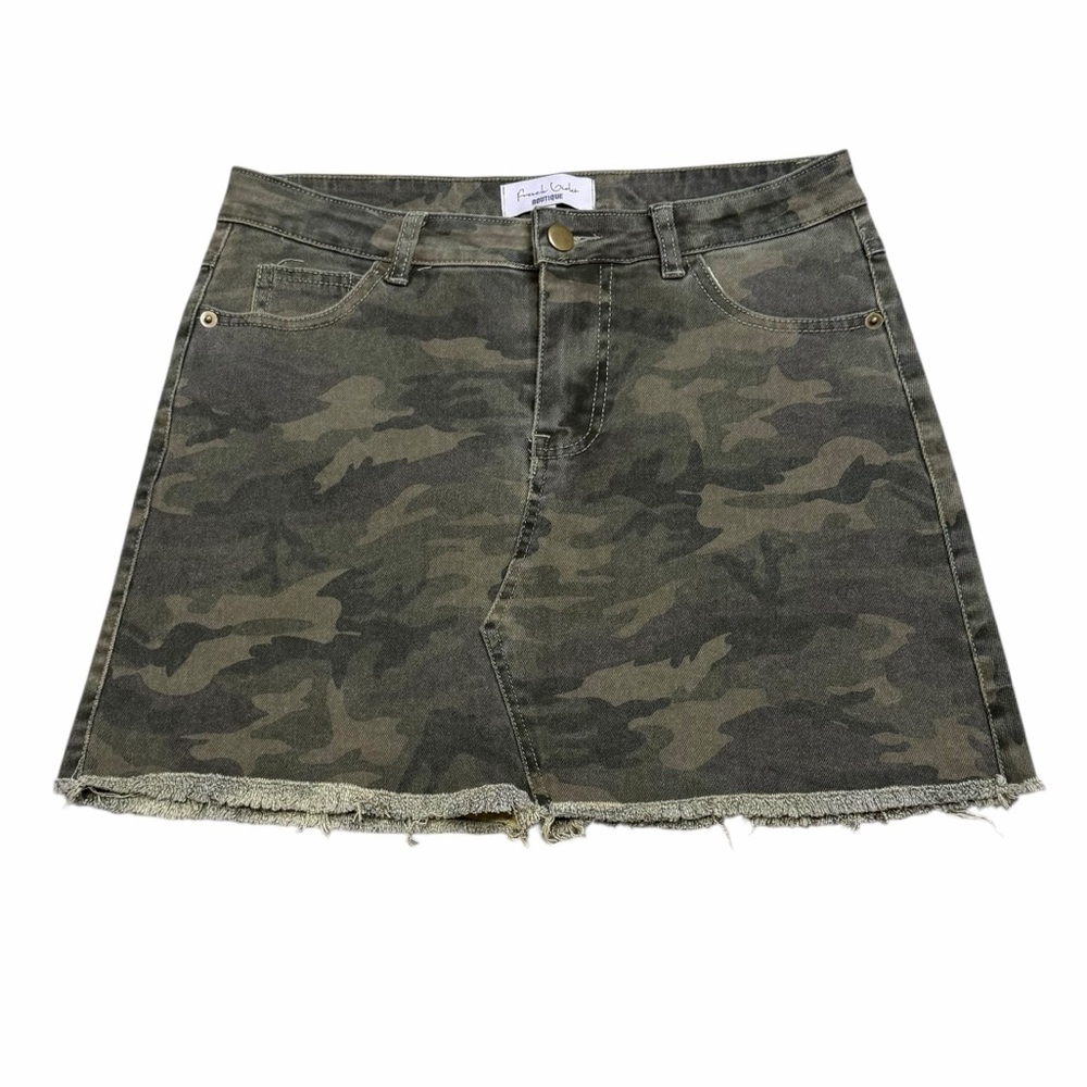 French Violet Boutique Olive Green & Brown Camo Raw Hem Mini Skirt - Size Small
